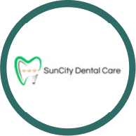 Logo for SunCity Dental Care with a heart-shaped tooth symbol in green and white, representing dental services.