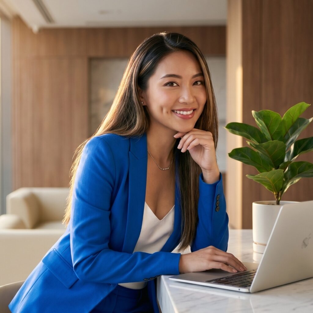 Smiling woman in blue suit